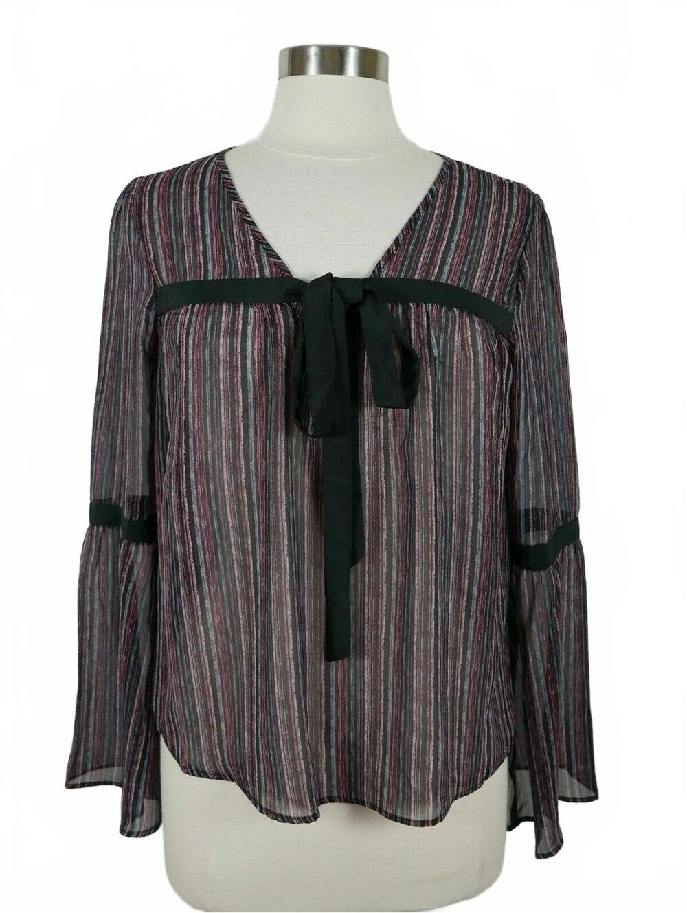 BCBGeneration Womens Sheer Polyester LS V Neck Striped Blouse Bell Sleeves XS